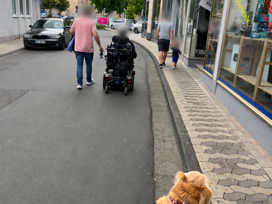 Gemeinsamer Stadtspaziergang mit Rollstuhl und Hund.